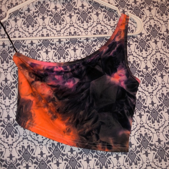NWOT Shein Orange Multicolor Tie-Dye One Shoulder Crop Top - Picture 3 of 4